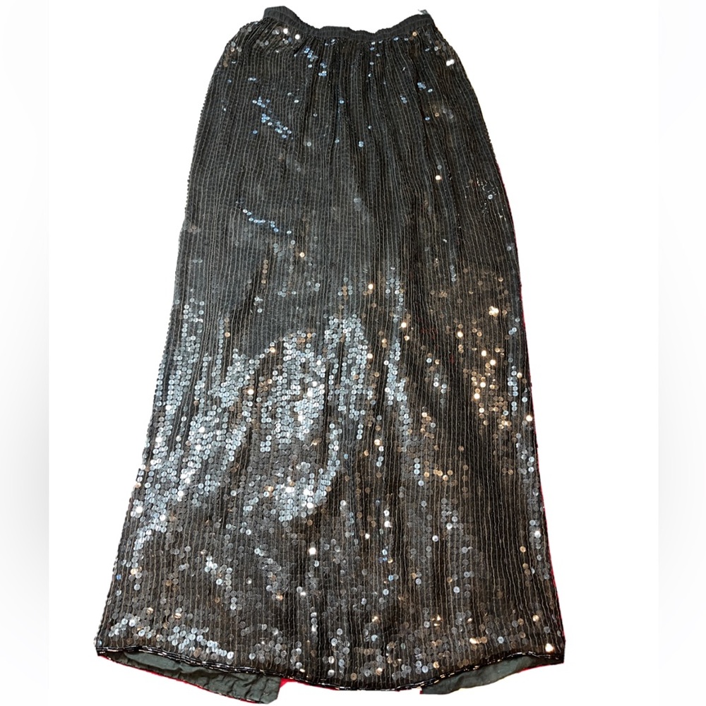 CAROLYNE BARTON NIGHT S Long Black Sequin Silk SKIRT FORMAL maxi stretch waist S